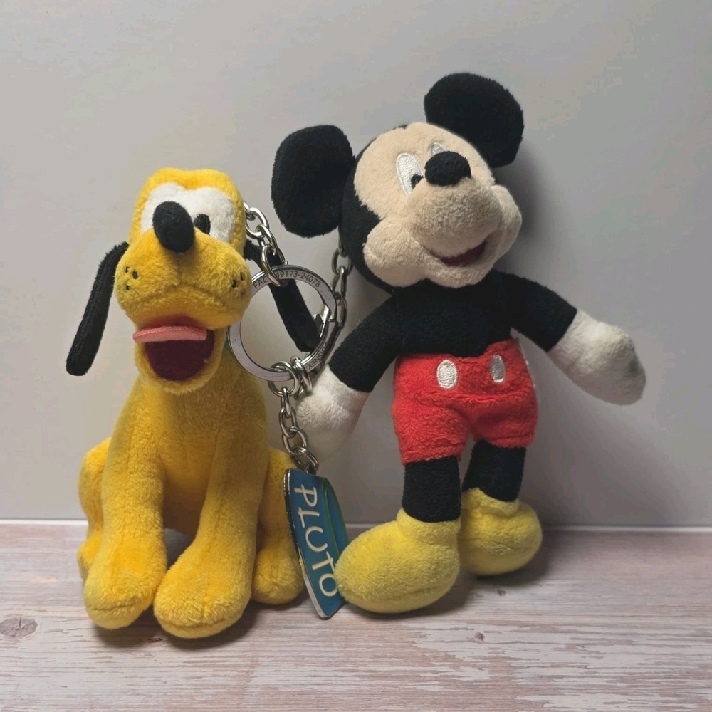 Disney Mickey Mouse & Pluto Plush Keychain w/ Metal Chain and "PLUTO" Tag
